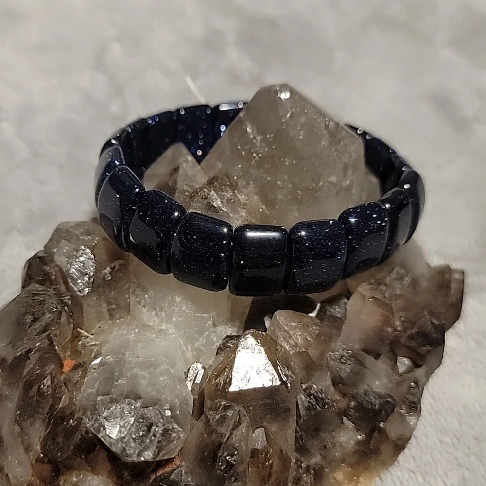 Blue Sandstone Sparkle Aventurine Glass 15mm Beaded Stretch Bracelet - Picture 6 of 6